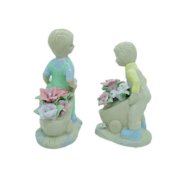 Vintage Pastel Ceramic Porcelain Figurines with Wheelbarrow Filled with Flowers - Picture 2 of 12